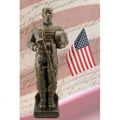 Camo Soldier African American Statue holding rifle and helmet garden memorial