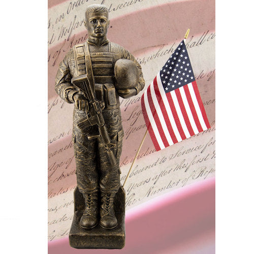 Military Soldier with rifle and helmet garden statue with American Flag 