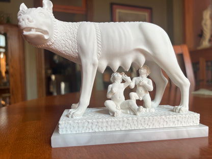 Replica Romulus and Remus sculpture on a genuine alabaster pedestal