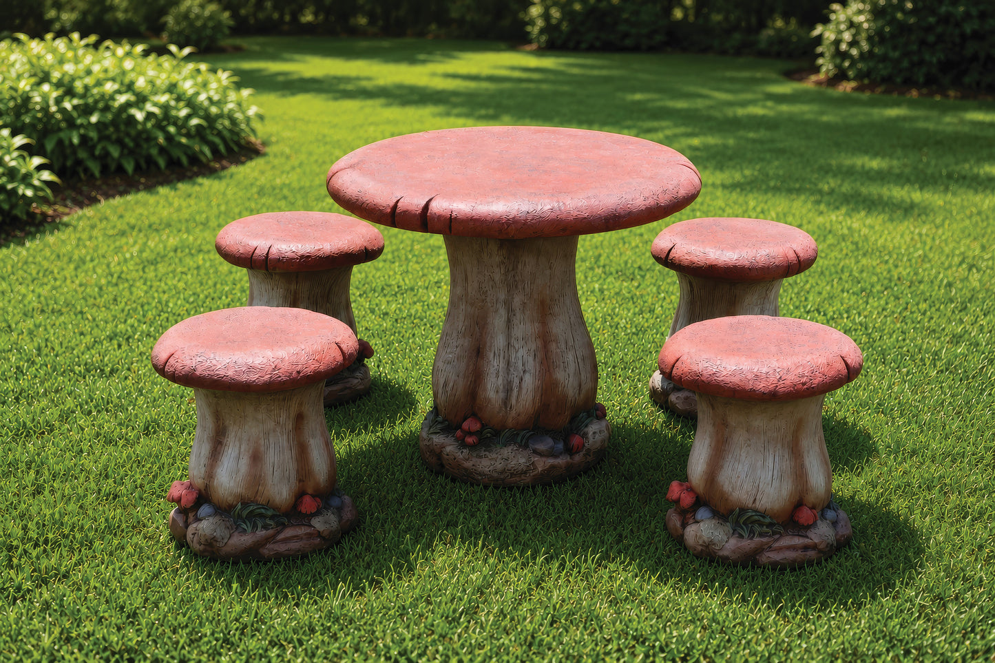 Cast stone mushroom garden table with four matching seats