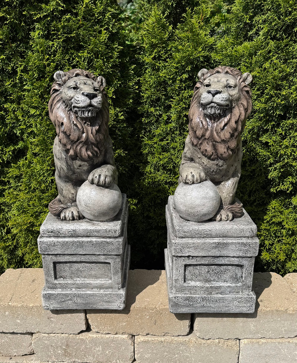 Colored Castle Lion Set On Orb Left & Right Cement Garden Statues Outdoor Paws Up