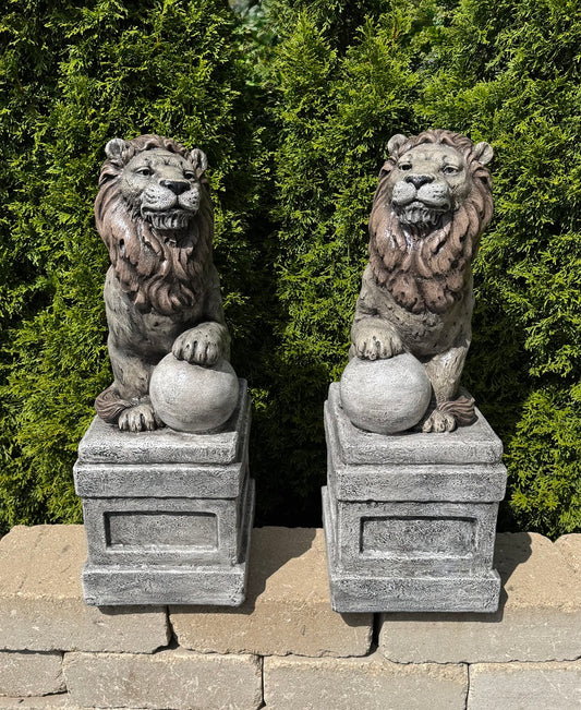 Colored Castle Lion Set On Orb Left & Right Cement Garden Statues Outdoor Paws Up