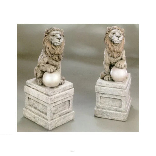 Castle Lion Set On Orb Left & Right Cement Garden Statues Outdoor Paws Up