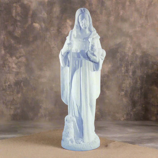 25-inch Italian marble Christ the Good Shepherd statue, perfect for devotional gardens, church displays, or spiritual home décor