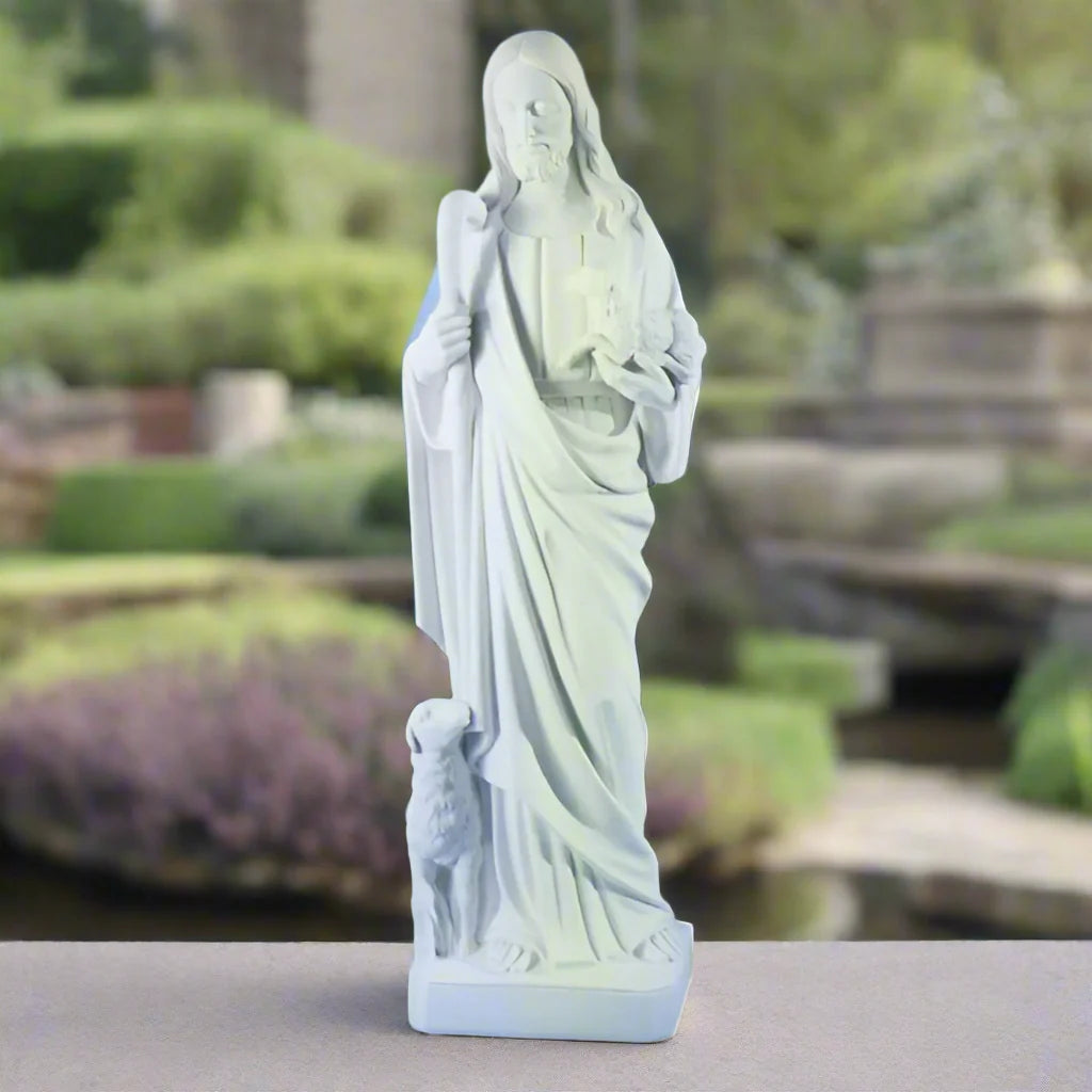 42.5-inch Italian marble Christ the Good Shepherd statue, perfect for religious gardens, church sanctuaries, or faith-based outdoor décor