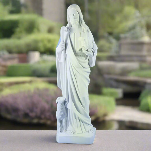 42.5-inch Italian marble Christ the Good Shepherd statue, perfect for religious gardens, church sanctuaries, or faith-based outdoor décor