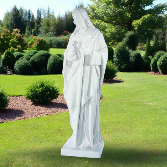 32-inch Italian marble Christ the Good Shepherd sculpture, ideal for religious gardens, church displays, or devotional home environments