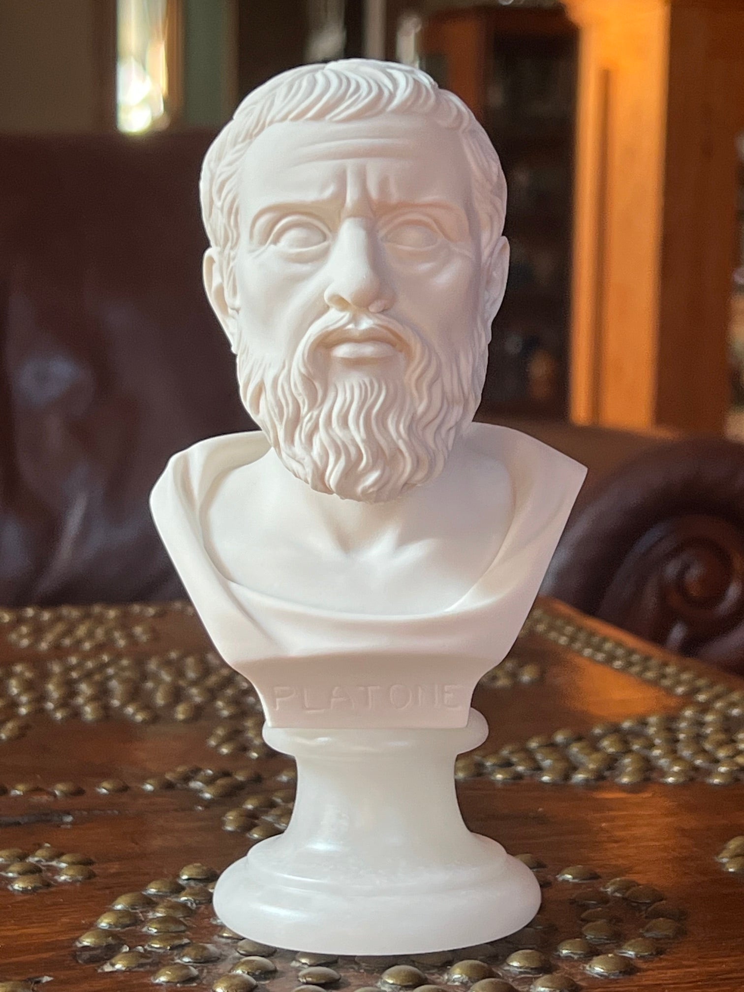 Classical Plato portrait sculpture with PLATONE inscription