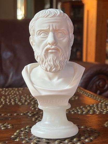 Classical Plato portrait sculpture with PLATONE inscription