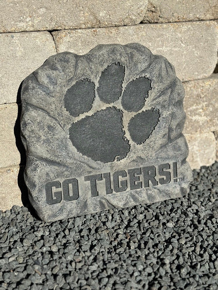 Clemson Decorative stone with paw print and 'GO TIGERS!' text on a stone surface