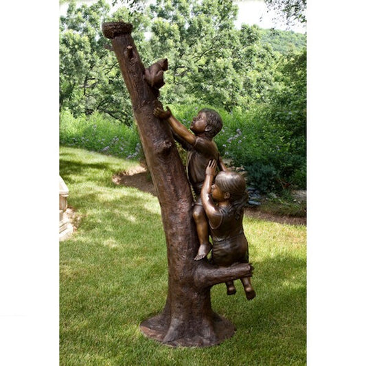 Compassion in Action Boy and Girl Rescuing Cat from Tree Bronze Statue