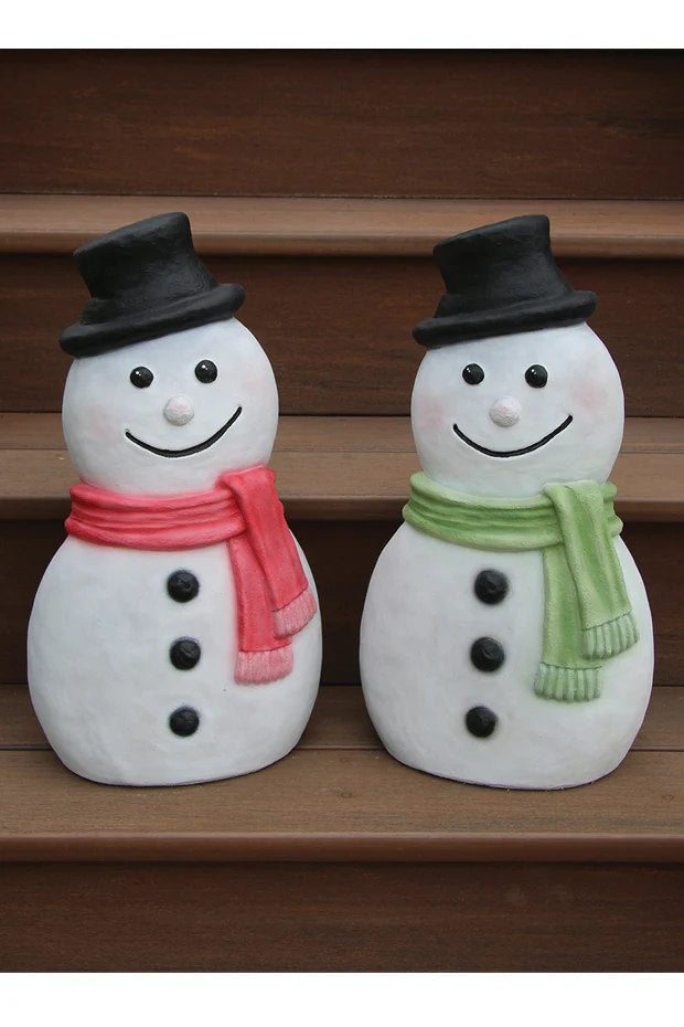 Contemporary snowman statue made in USA with detailed stain scarf color choice