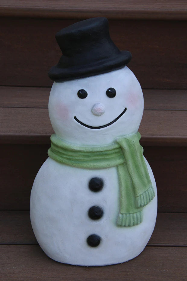 Massarelli contemporary snowman statue for porch steps entryway holiday display green scarf
