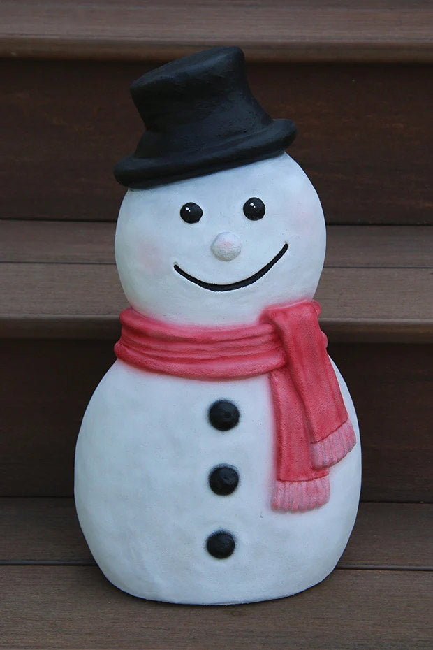 Contemporary snowman cast stone statue with top hat made in USA 17.5 inch red scarf