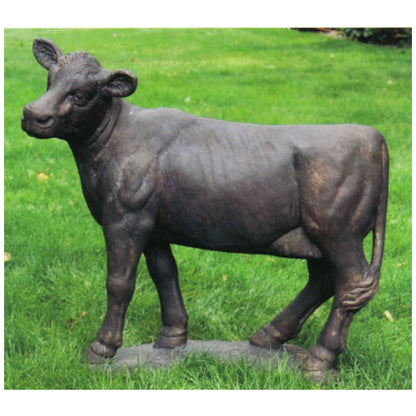 Life-size 36" high cow sculpture cast in durable stone, ideal for outdoor display. A charming and realistic addition to lawns, farmscapes, or garden paths.