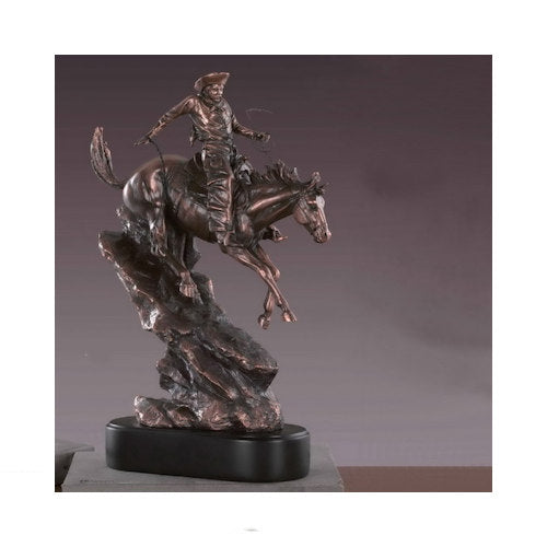 Cowboy on Horse Wild West bronze statue riding down cliff - Western sculpture