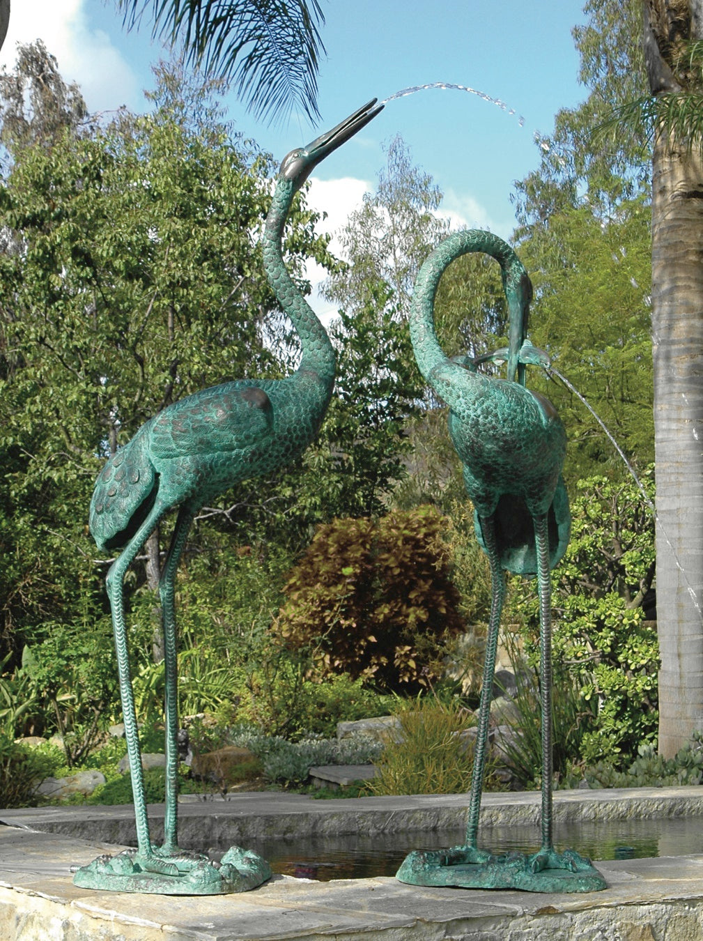 Extra large bronze crane pair water feature statues 68 inch and 56 inch