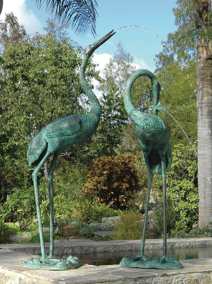 Extra large bronze crane pair water feature statues 68 inch and 56 inch