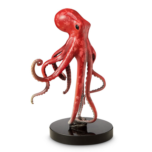 Brass Crimson Octopus Coastal Art Sculpture Figurine on Base