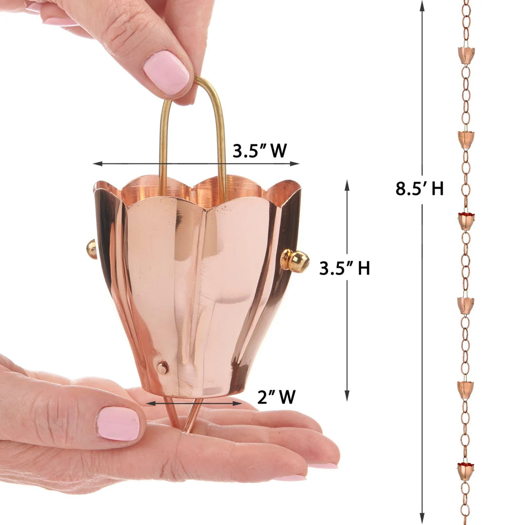Rose gold rain chain with dimensions displayed on a white background