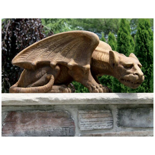 Crouching gargoyle spiny claws menacing face sculpted wings statue