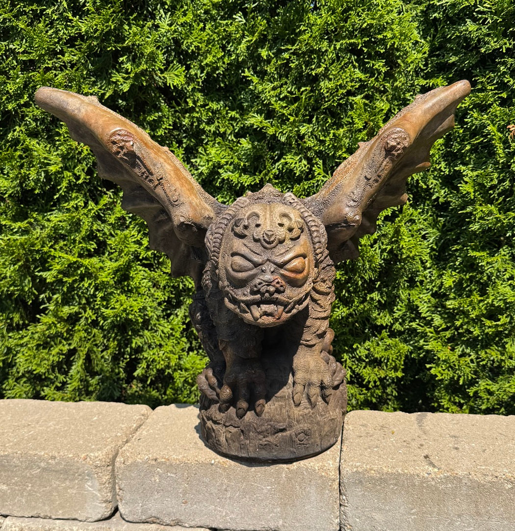 Cement Gargoyle Statue fierce bulldog face sculpture bat Gothic cement