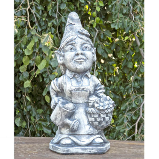 Daisy The Girl Gardener Concrete Gnome statue with watering can and basket of flowers