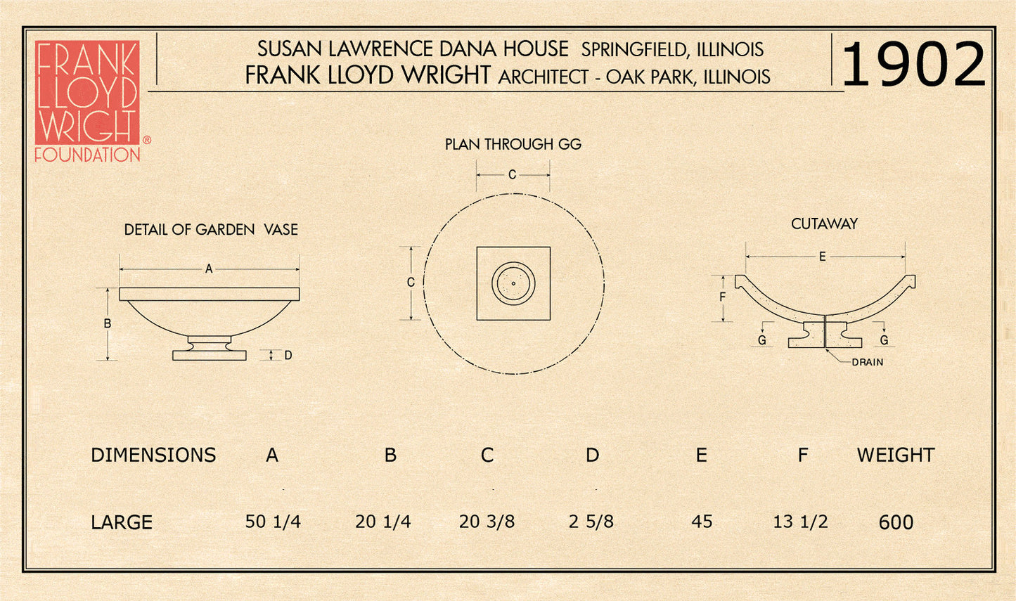 Dana Residence Vase by Frank Lloyd Wright Small Planter Large Drawing of measurements