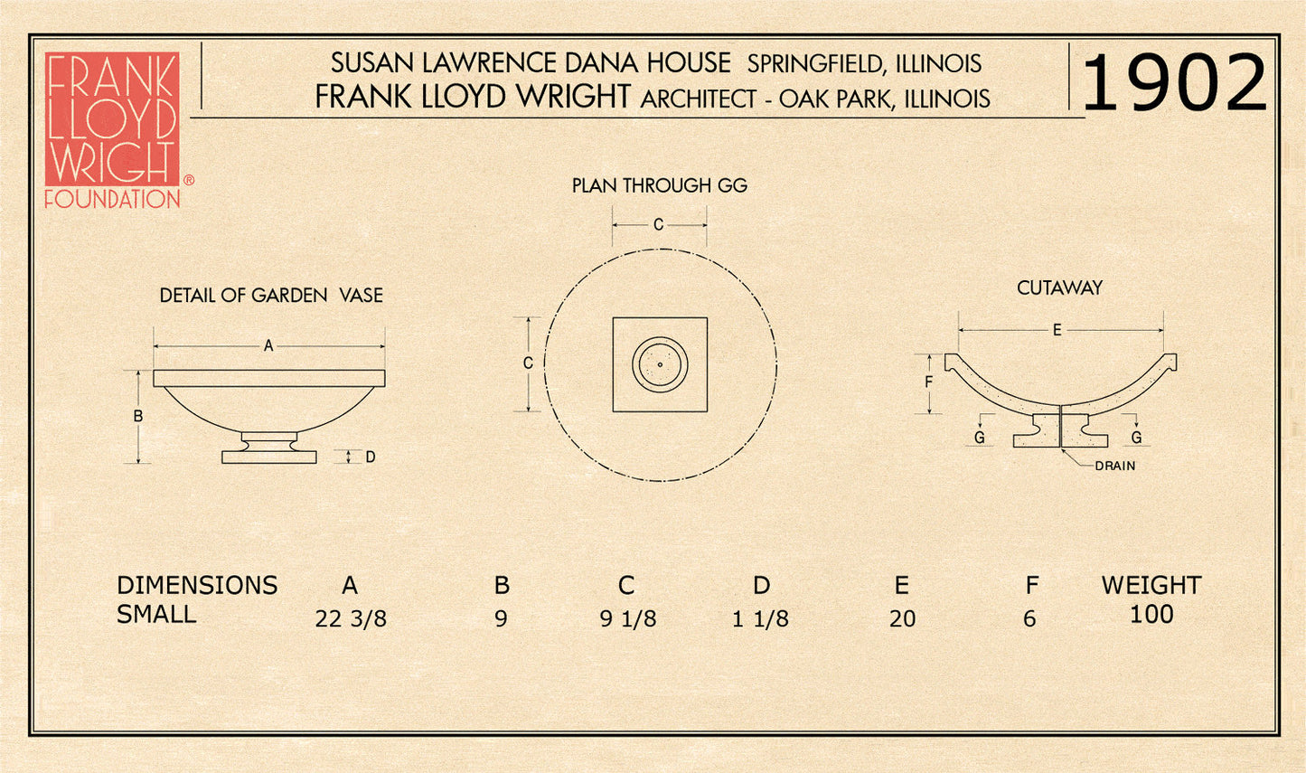 Frank Lloyd Wright Dana House vase cast stone planter prairie style size diagram