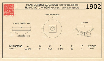 Frank Lloyd Wright Dana House vase cast stone planter prairie style size diagram