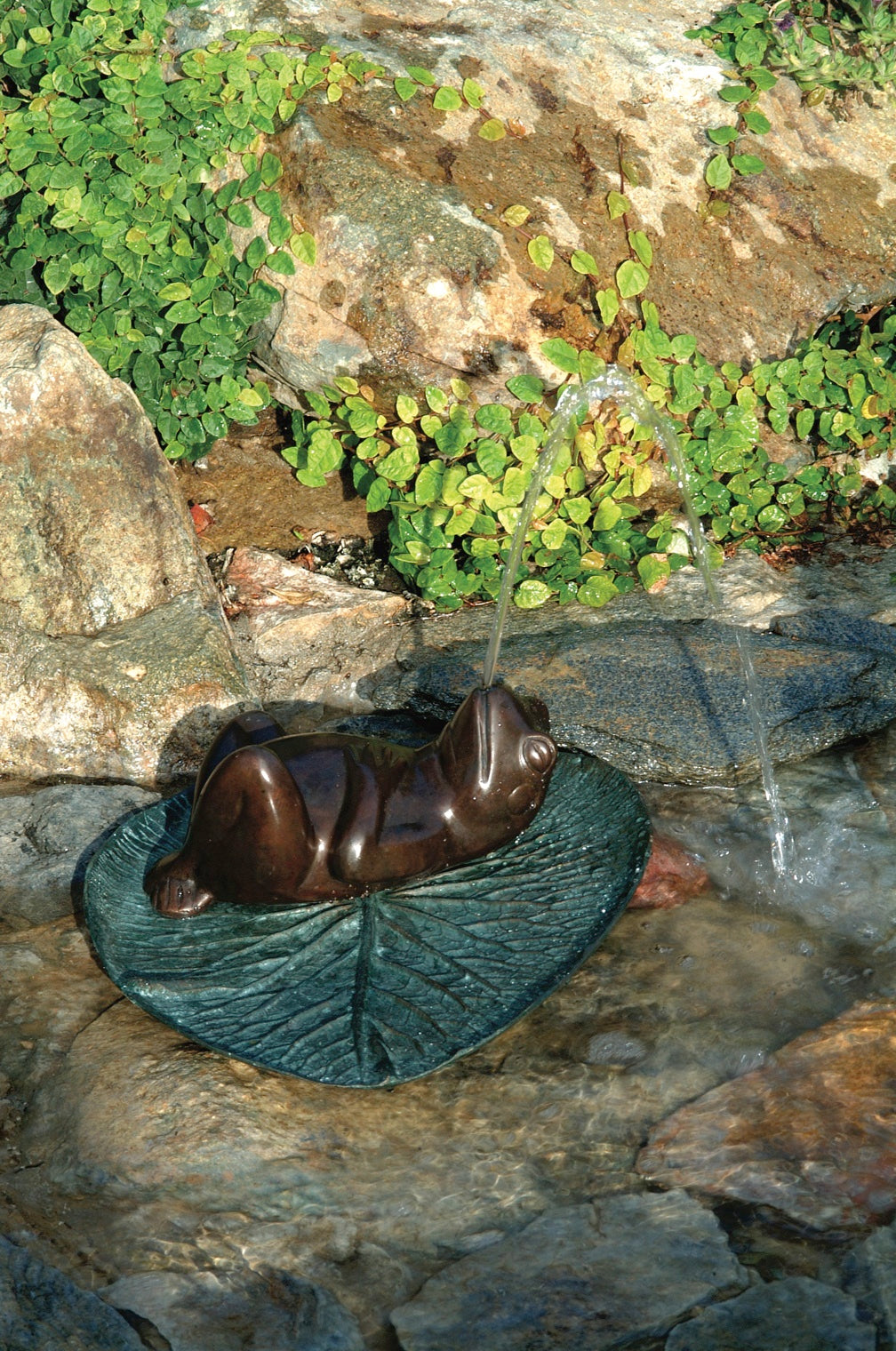 Tranquil Pond Frog Spitter Sculpture relaxing on lily pad garden fountain bronze spouting