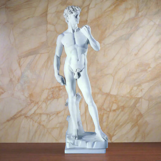 25-inch Italian marble David by Michelangelo statue, classical Renaissance sculpture ideal for luxury interiors, art displays, or home galleries