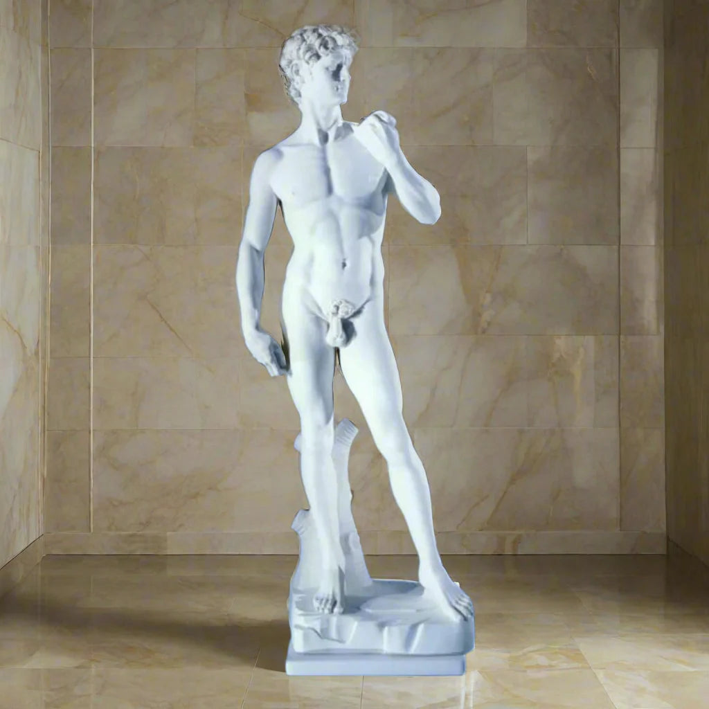 25-inch Italian marble David by Michelangelo statue, classical Renaissance sculpture ideal for luxury interiors, art displays, or home galleries