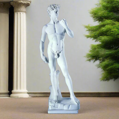 34-inch Italian marble David by Michelangelo statue, classical Renaissance sculpture ideal for art collectors, galleries, or elegant interiors