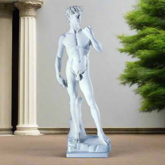 34-inch Italian marble David by Michelangelo statue, classical Renaissance sculpture ideal for art collectors, galleries, or elegant interiors
