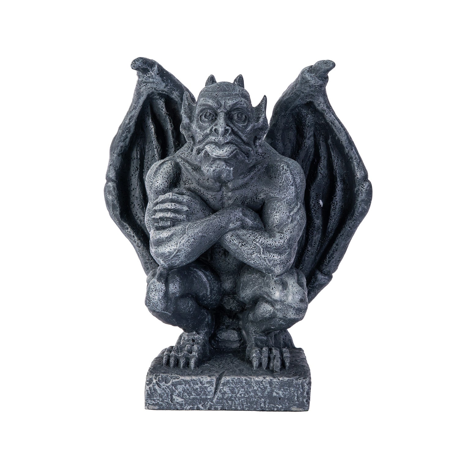 Gargoyle statue with wings spread on a white background  arms folded