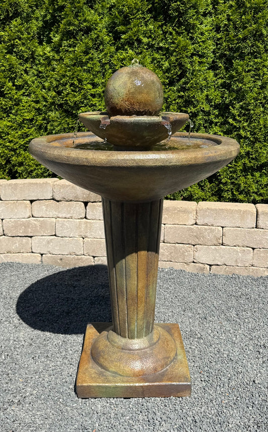 Delphi sphere patio fountain with copper spill water action