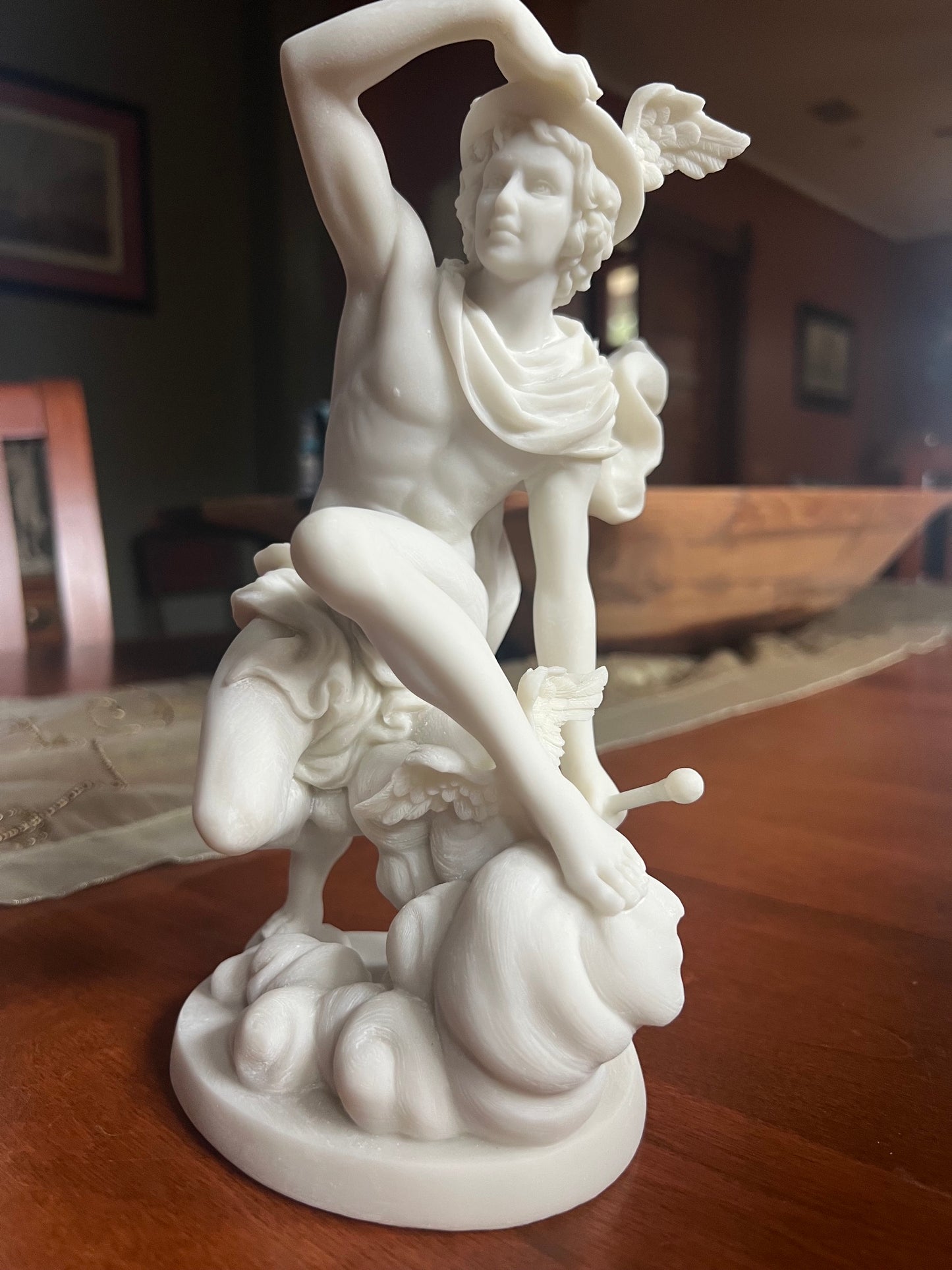 Detailed Greek messenger god statue in white finish