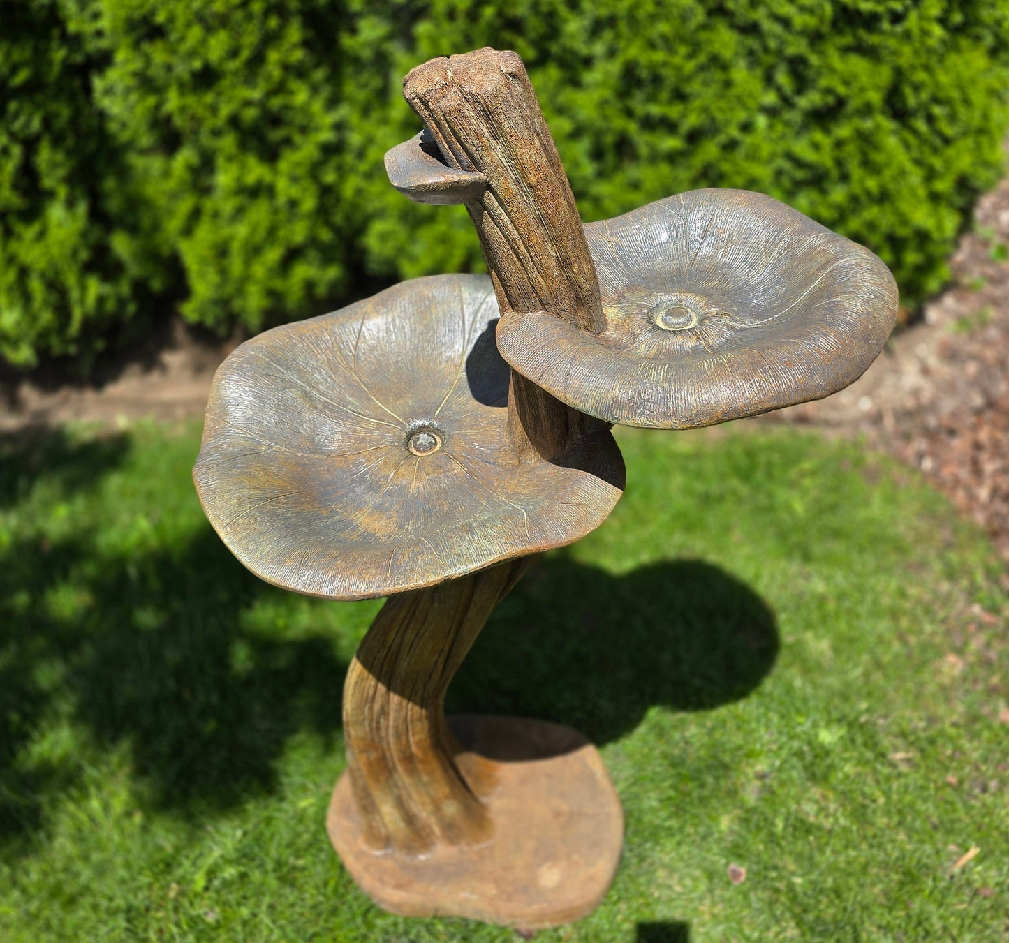 Double Lily cast stone birdbath with two floral basins