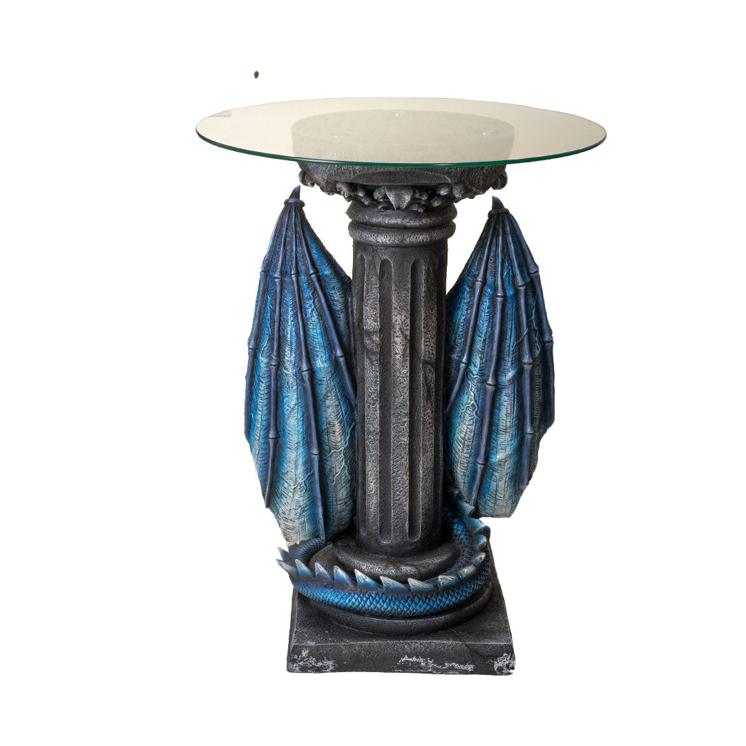 Back view Dragon sword glass top table fantasy sculpture accent table or pedestal shown column detail