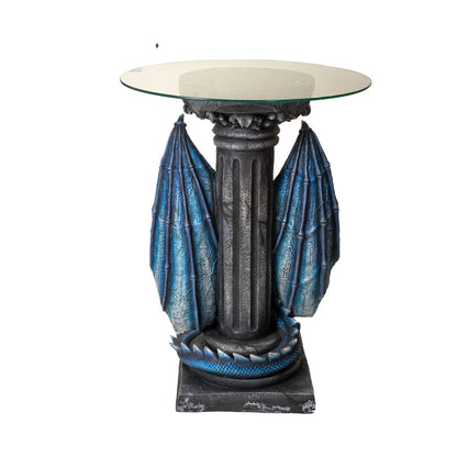 Back view Dragon sword glass top table fantasy sculpture accent table or pedestal shown column detail