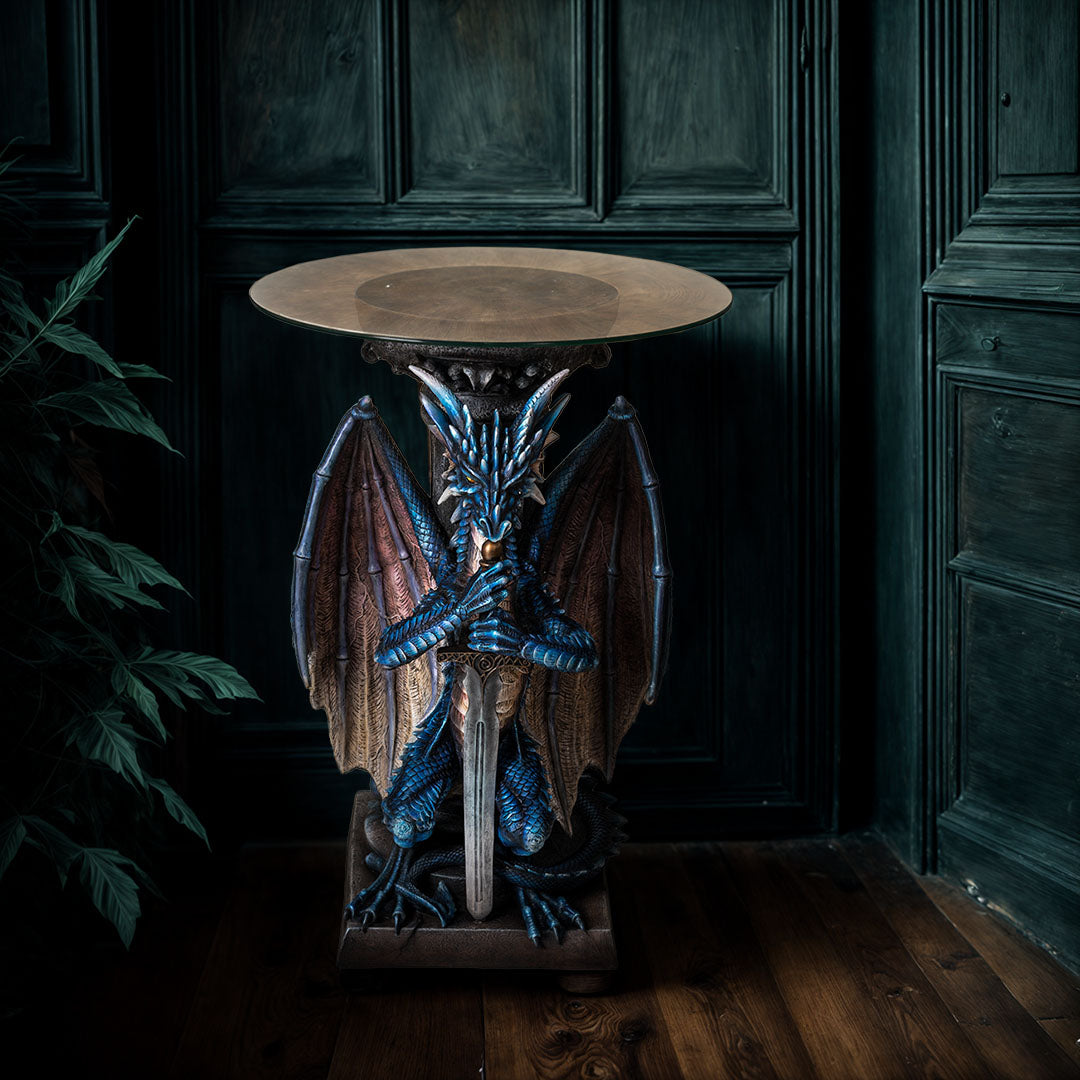 Decorative table with dragon design against a dark wooden panel background