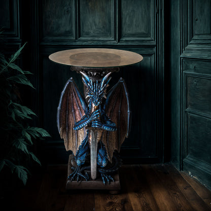 Decorative table with dragon design against a dark wooden panel background