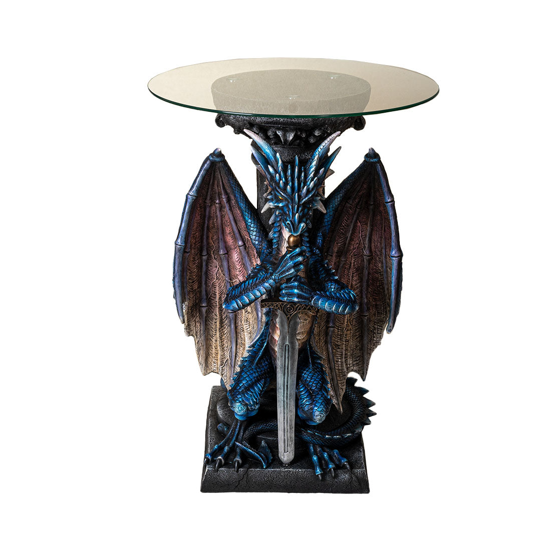 Dragon sword glass top table fantasy sculpture accent table or pedestal