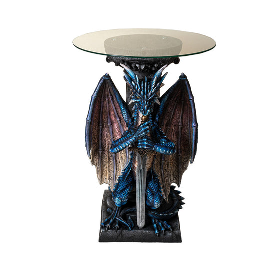 Dragon sword glass top table fantasy sculpture accent table or pedestal