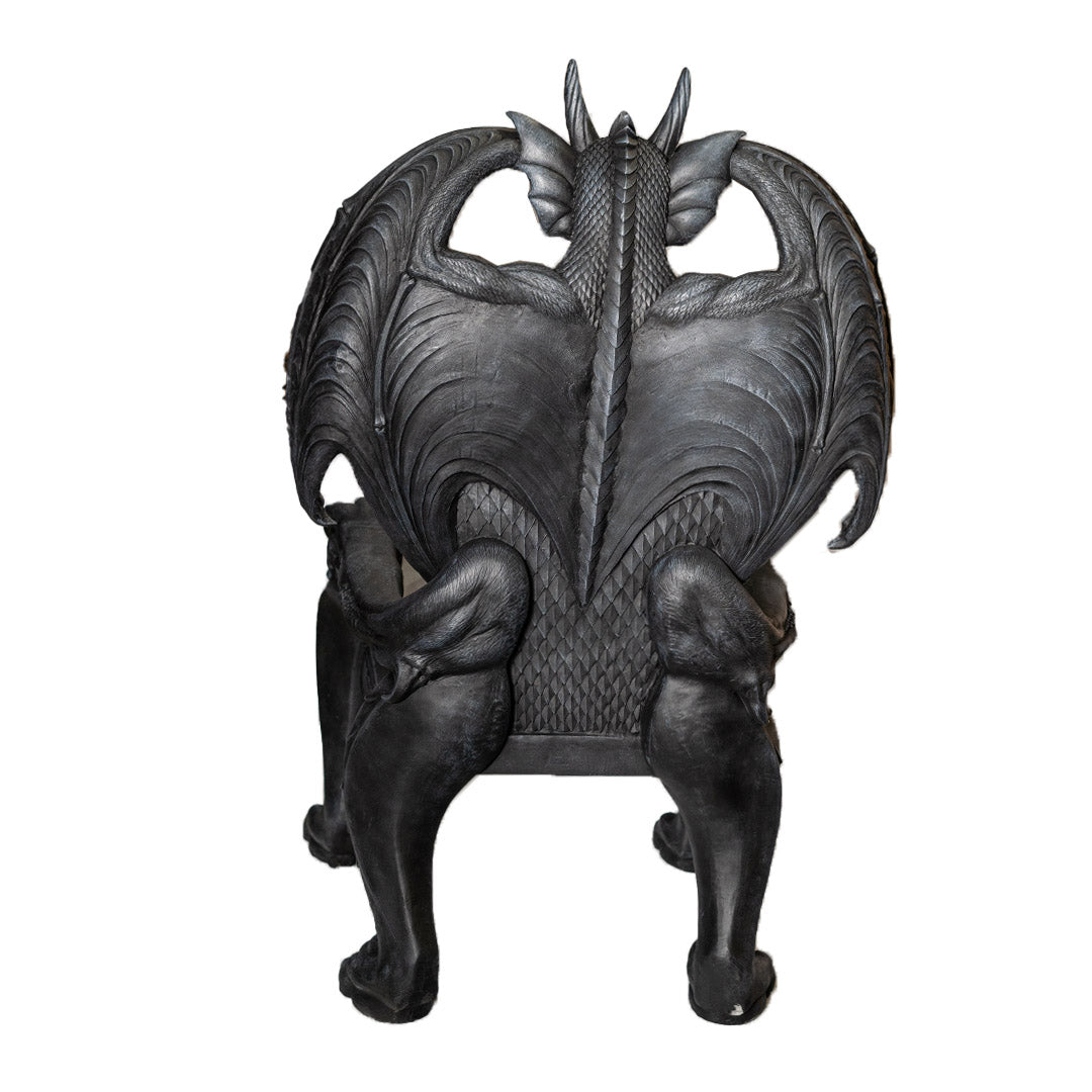 Gothic dragon throne resin chair back view of sculptural detailing of seating