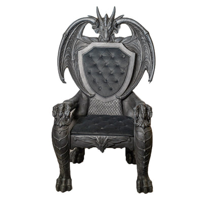 Dragon throne chair with winged back and shield detail sculptural seating