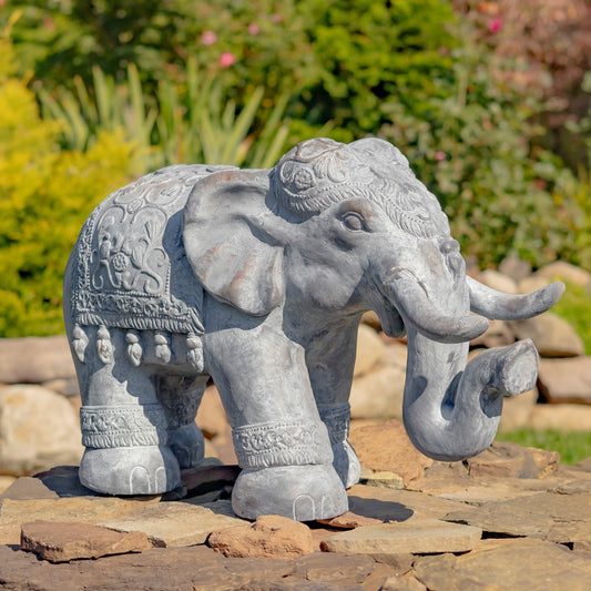 Heavyweight decorative elephant garden statue with ornate carved detailing