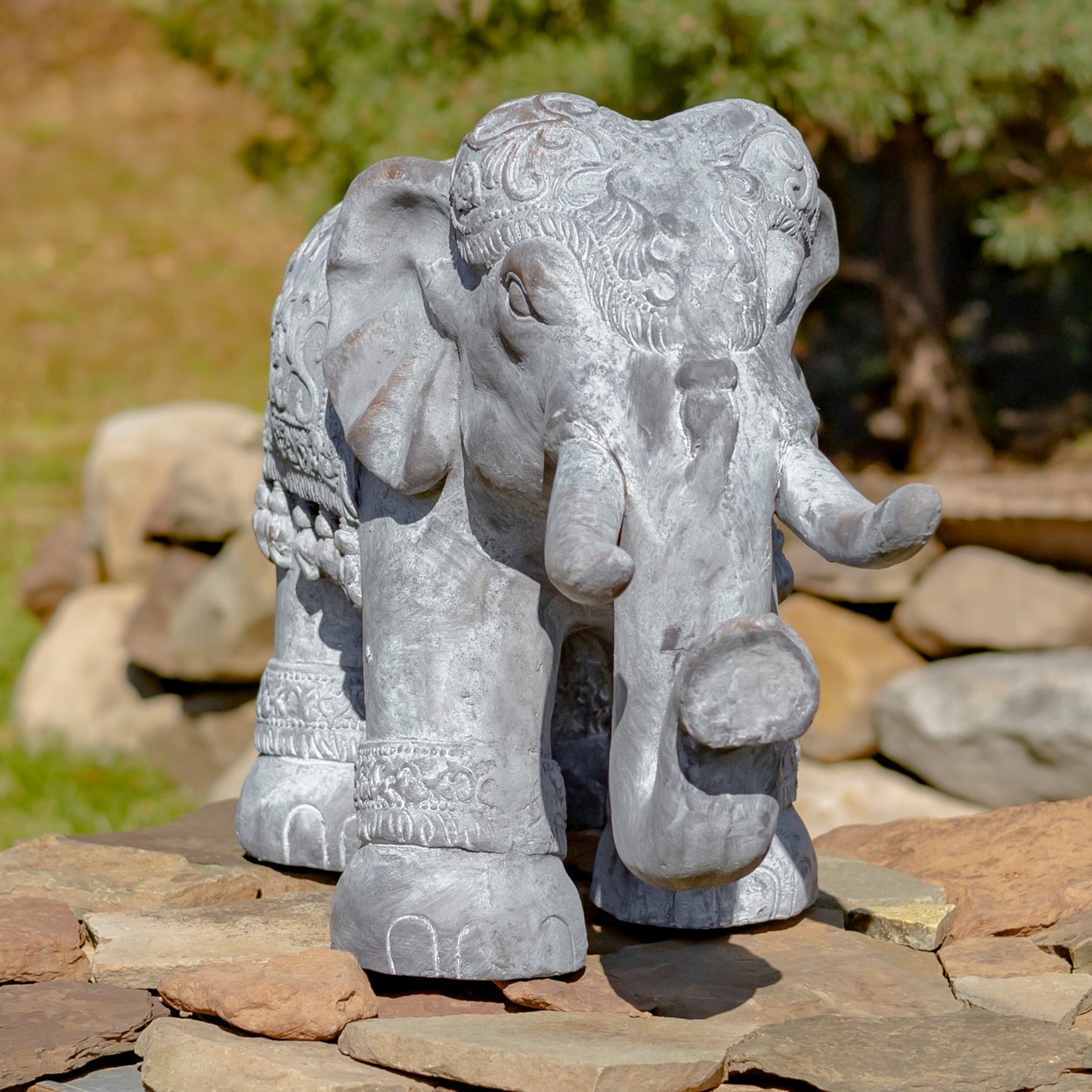 Decorative Elephant Lawn Statue with Stone-Look Finish Side View