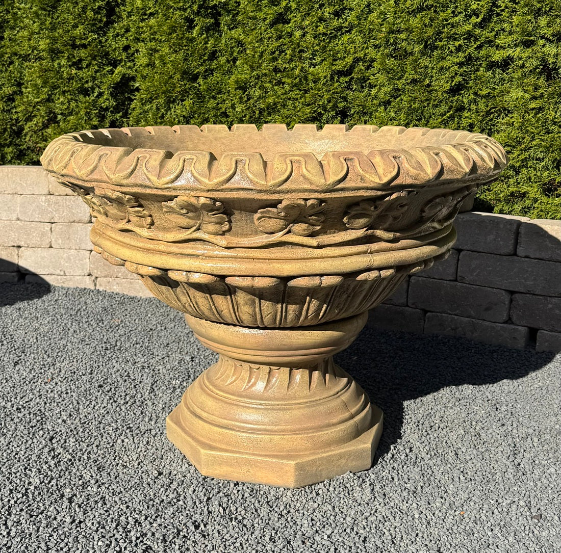 oversized cast stone planter leaf design USA made decorative large garden bowl